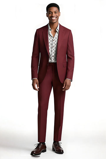 Bordowe klapy z karbem 2-częściowe męskie garnitury balowe slim fit